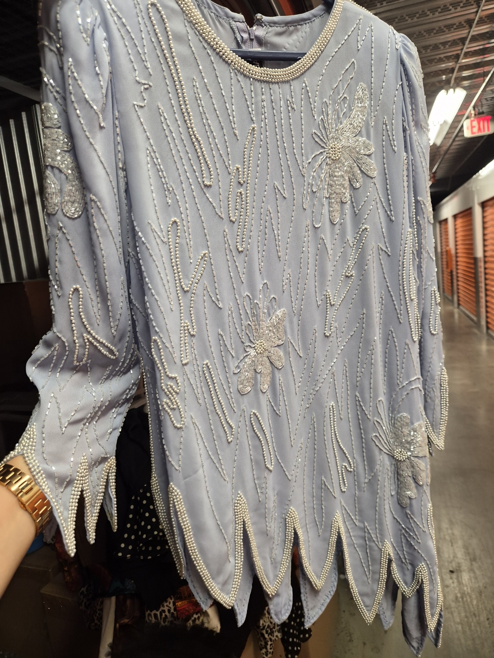 Vintage 80's 90's Light Blue Beaded Sequined Art Floral Sheer Top